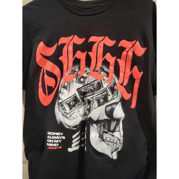 SHHH Brand "Money Is Always On My Mind" Black Skull Design LARGE T-Shirt - Picture 2 of 4